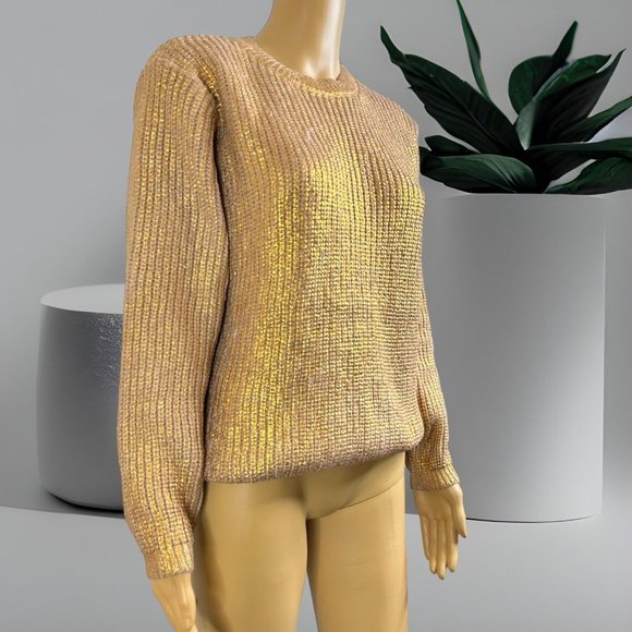 Women Pullover Sweater Gold Foil Knit Size XL Crew Neck Mid Length 1 - Picture 2 of 15